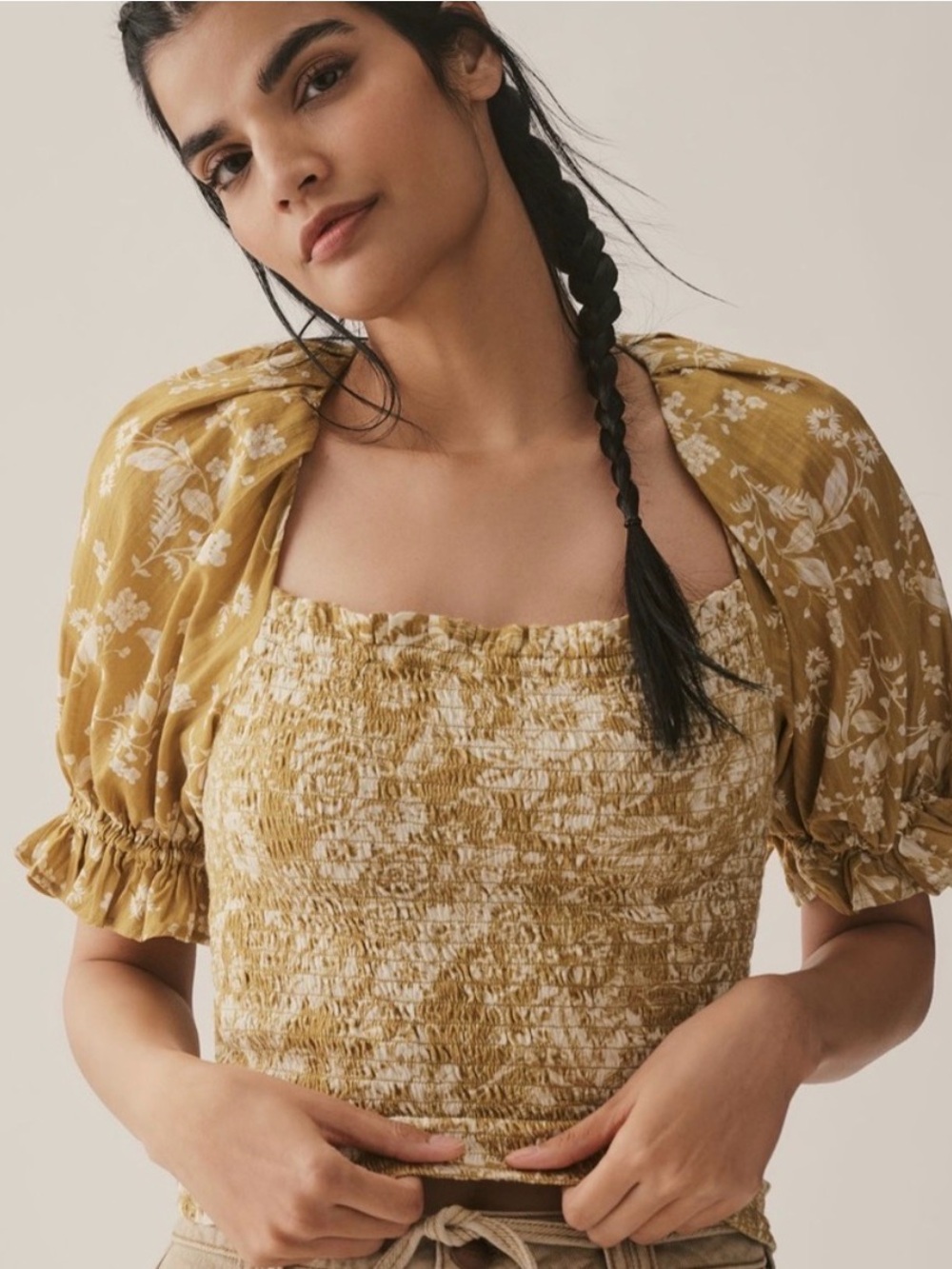 ANTHROPOLOGIE Smocked Square-Neck Puff Sleeve Top in Mustard Floral Small
